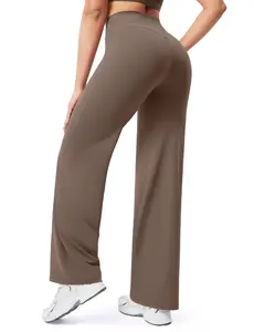 POSHDIVAH Women's Creamlift Straight Leg Yoga Pants - 33" High Waisted No Front Seam Wide Leg Leggings Workout Bottoms