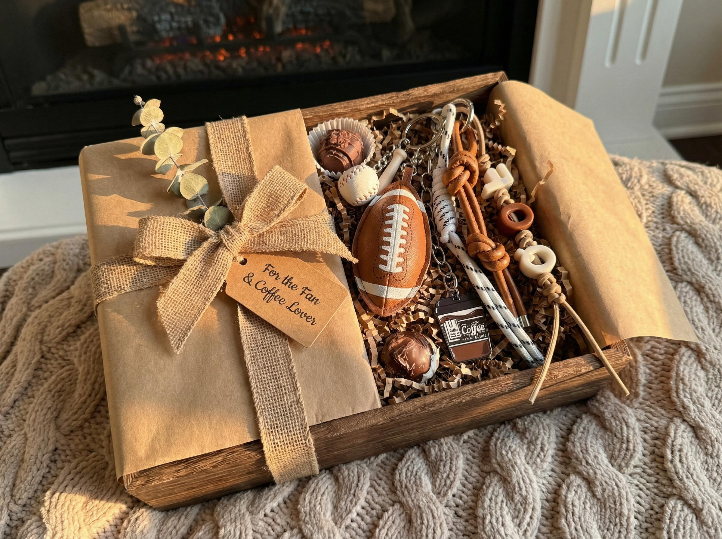 Sports Fanatic's Collection: Sports Themed Keychain Set of 5 - Baseball Football Coffee Cup Charms, Braided Leather Cord with Beaded Letters, Bag Accessories for Sports Fans