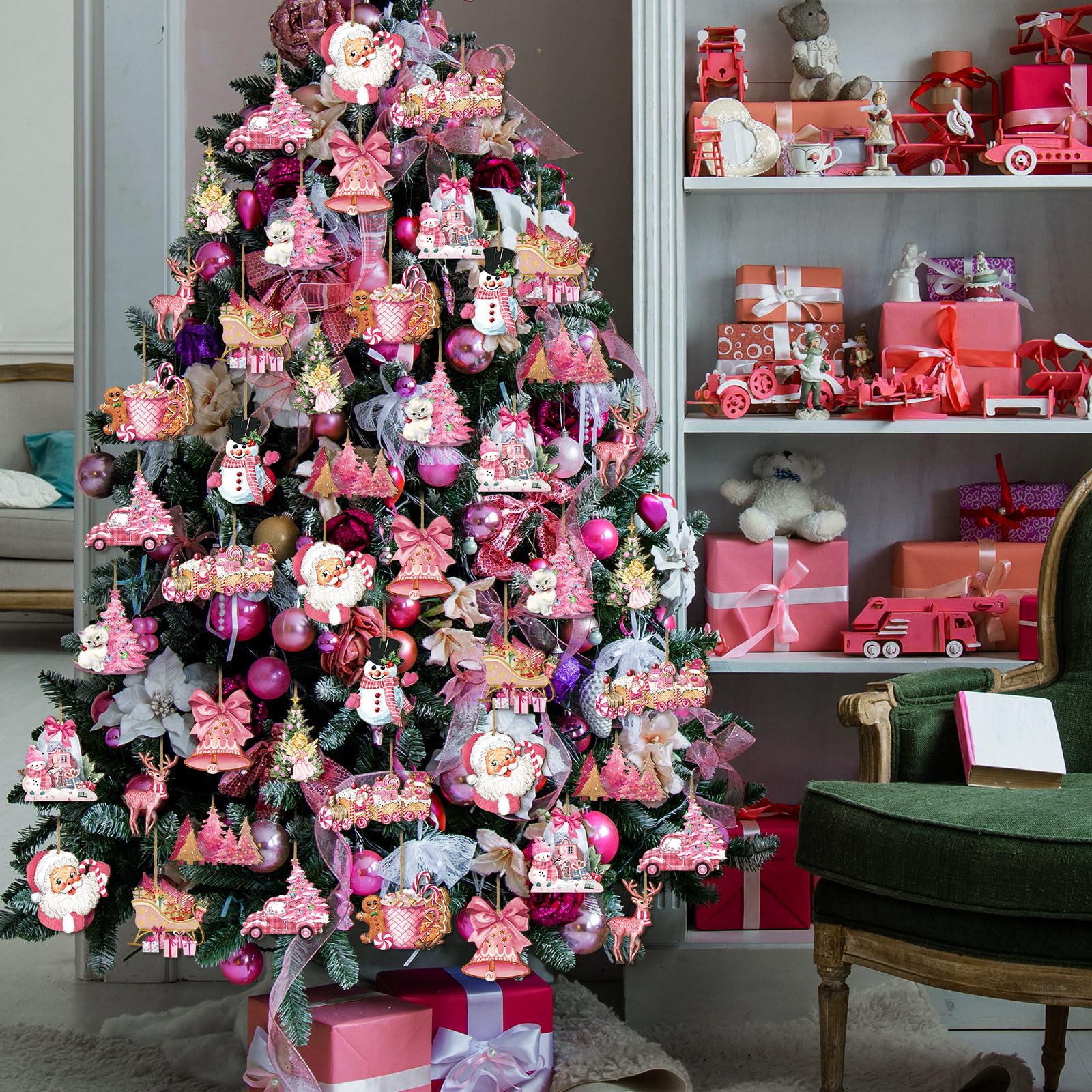 Christmas Clearance Sale 36 Pcs Christmas Ornaments Set Cute Pink Christmas Santa Claus Snowman Design Wooden Hanging Ornaments Christmas Decorations for Xmas Tree Holiday Party Home Decor Winter Crafts Supplies Christmas Gift Pink Girly Aesthetic