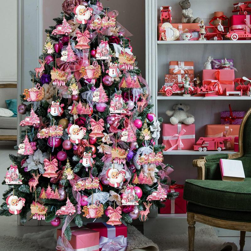 Christmas Clearance Sale 36 Pcs Christmas Ornaments Set Cute Pink Christmas Santa Claus Snowman Design Wooden Hanging Ornaments Christmas Decorations for Xmas Tree Holiday Party Home Decor Winter Crafts Supplies Christmas Gift Pink Girly Aesthetic