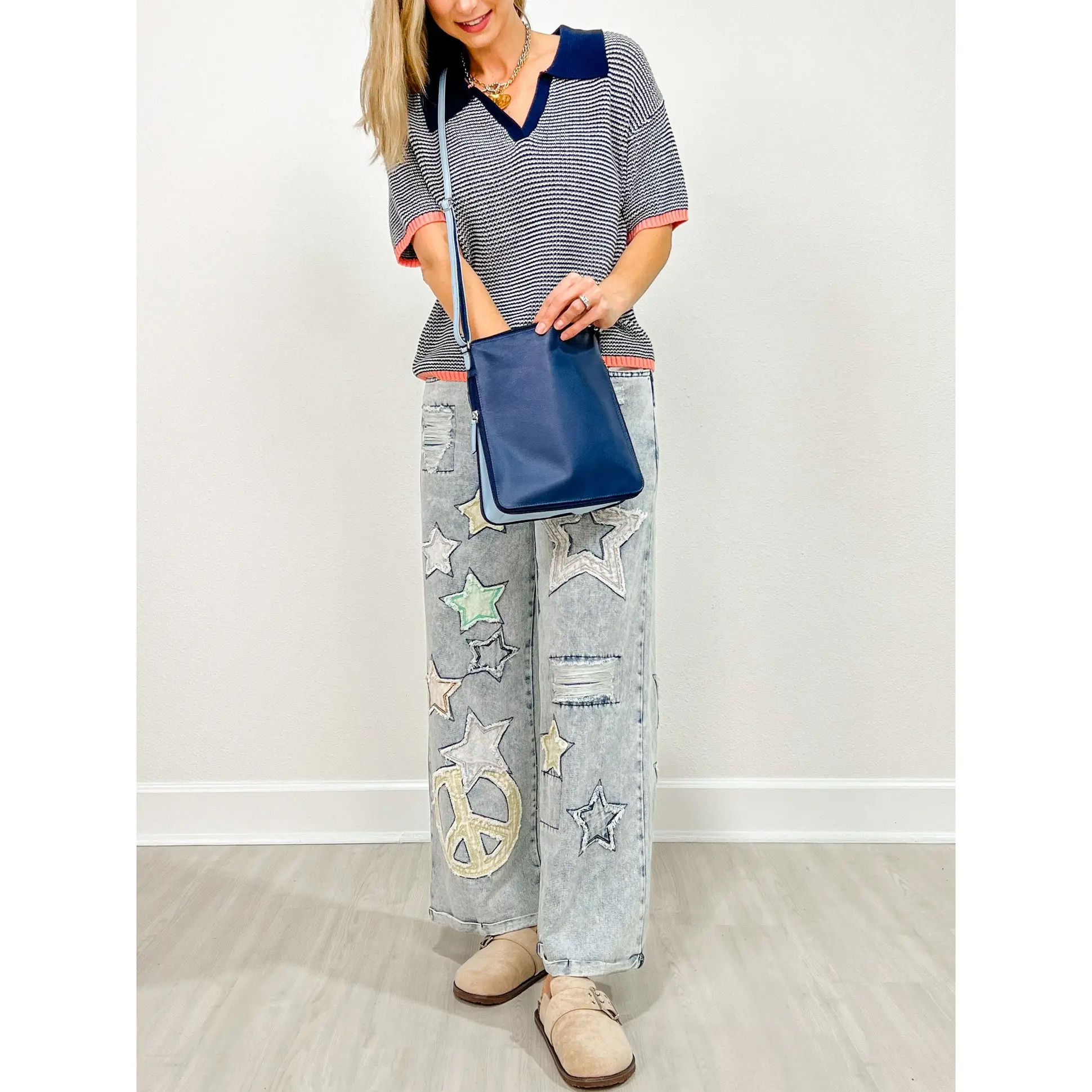 Star And Peace Patch Wide Leg Relaxed Fit Jeans