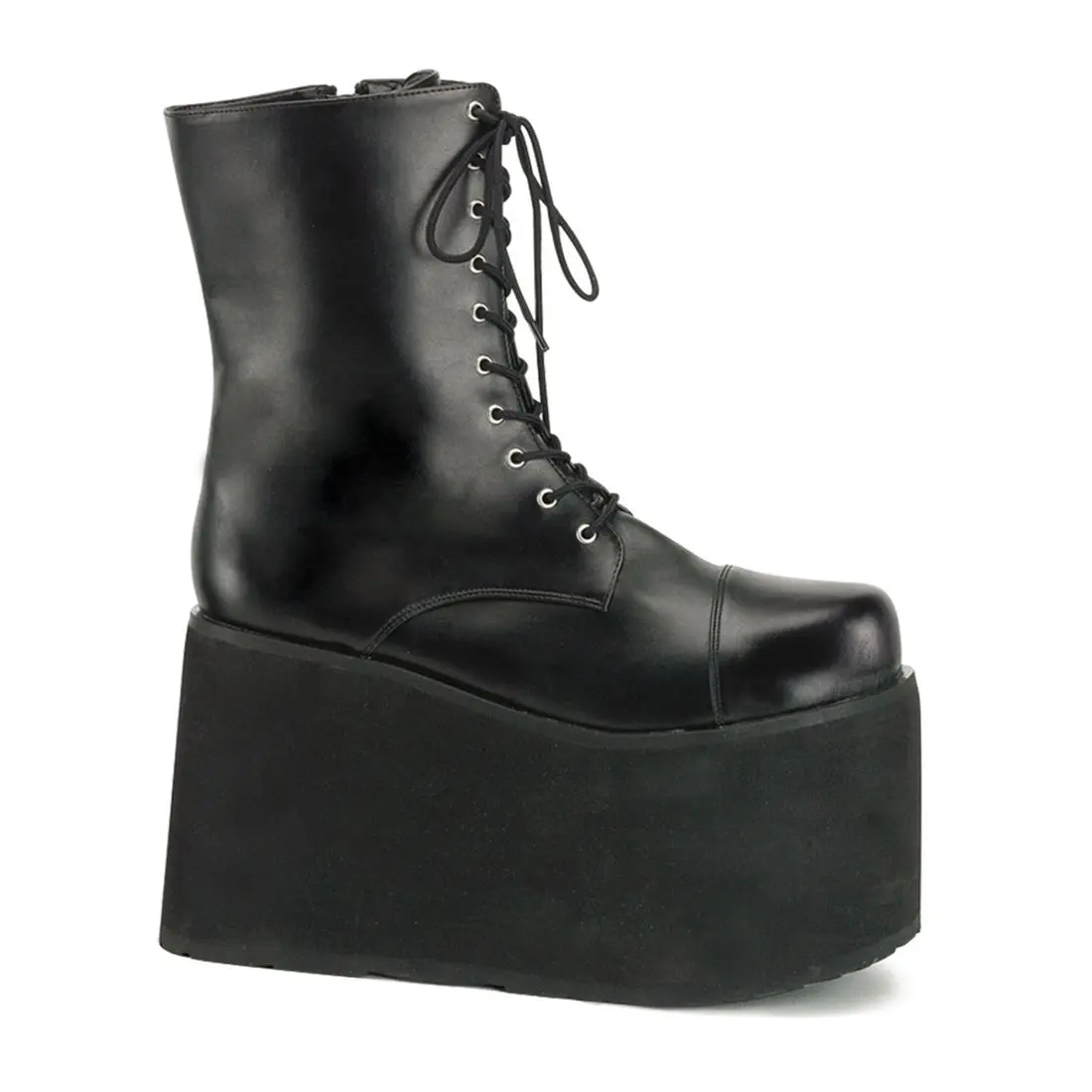 Women's Gothic Punk Ankle Boots, 5-Inch Platform Chunky Sole in Black Vegan Leather, Frankenstein Monster Statement Shoes with Lace-Up Closure for Halloween Party, Synthetic