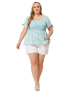 Agnes Orinda Plus Size Summer Tops Square Neck Smocked Bow Tie Short Sleeve Peplum Blouse