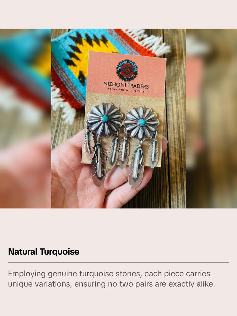 Navajo Sterling Silver & Turquoise Concho Feather Dangle Earrings