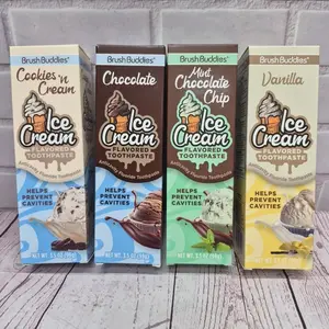 BrushBuddies Flavored Toothpaste Ice Cream - Cookies 'n cream, Chocolate, Mint Chocolate Chip and Vanilla - Set of 4 - 3.5 oz each - Helps prevent cavities, anticavity fluoride providing a fun, dessert-like, or minty, flavor experience
