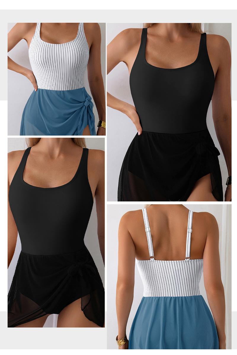 Aleumdr One Piece Swimdress Swimsuit for Women Tummy Control with Mesh Skirt Tie Knot Swim Dresses Bathing Suit