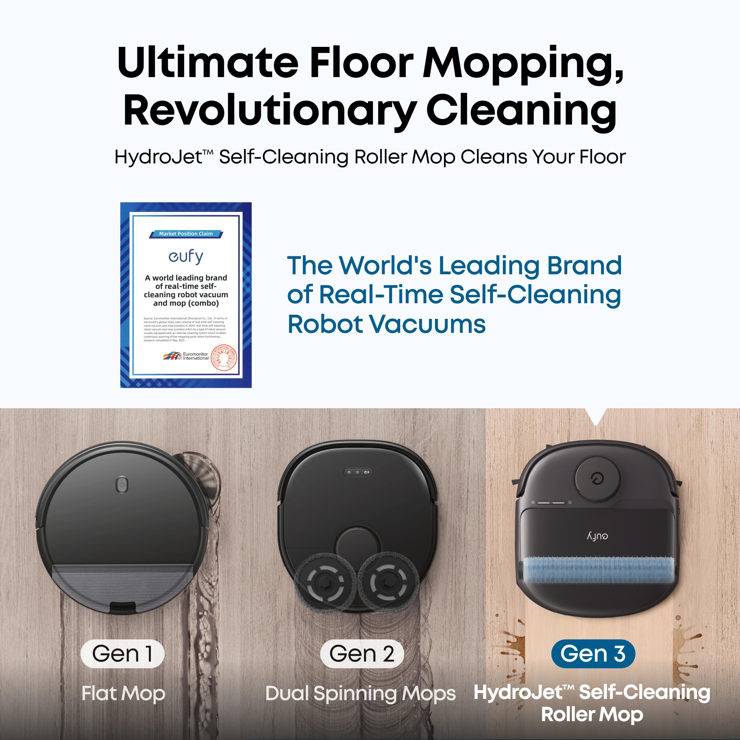 eufy C28 Robot Vacuum and Mop Combo, HydroJet Self-Cleaning Roller Mop, DuoSpiral Detangle Brush, 15,000 Pa Turbo High Suction, 5-in-1 Robot Vacuum and AI Obstacle Avoidance