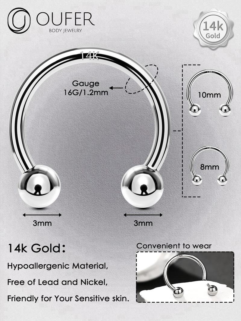 Oufer 14k Solid White Gold 16G Internally Threaded Ball End Horseshoe Septum Nose Piercing Ring -Classic Fit for Everyday Wear Inner Diameter 8mm 10mm
