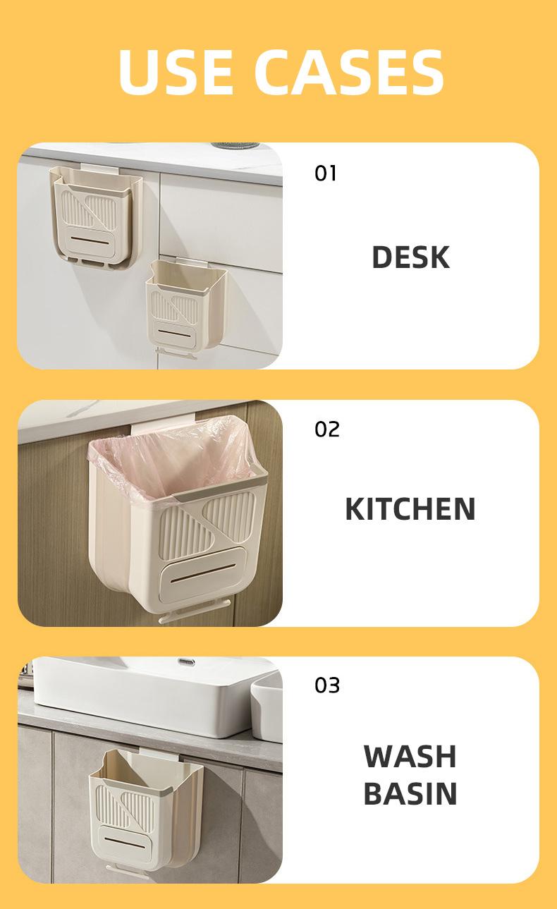 Foldable hanging kitchen trash can for cabinet doors, ideal for food scraps and kitchen waste. Foldable trash can for RVs/bathrooms/cars—space-saving trash can.