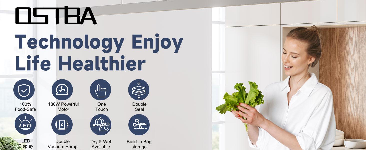 OSTBA 180W Vacuum Sealer Machine, 12-in-1 Double Pump Food Saver with Built-in Cutter & Bag Storage, Easy-Lock Handle, Dry & Moist & Marinate, Memory Function, Includes 1 Roll of Vacuum Bags & Hose OSTBA 180W Vacuum Sealer Machine, 12-in-1 Double Pump Food Saver with Built-in Cutter & Bag Storage, Easy-Lock Handle, Dry & Moist & Marinate, Memory Function, Includes 1 Roll of Vacuum Bags & Hose