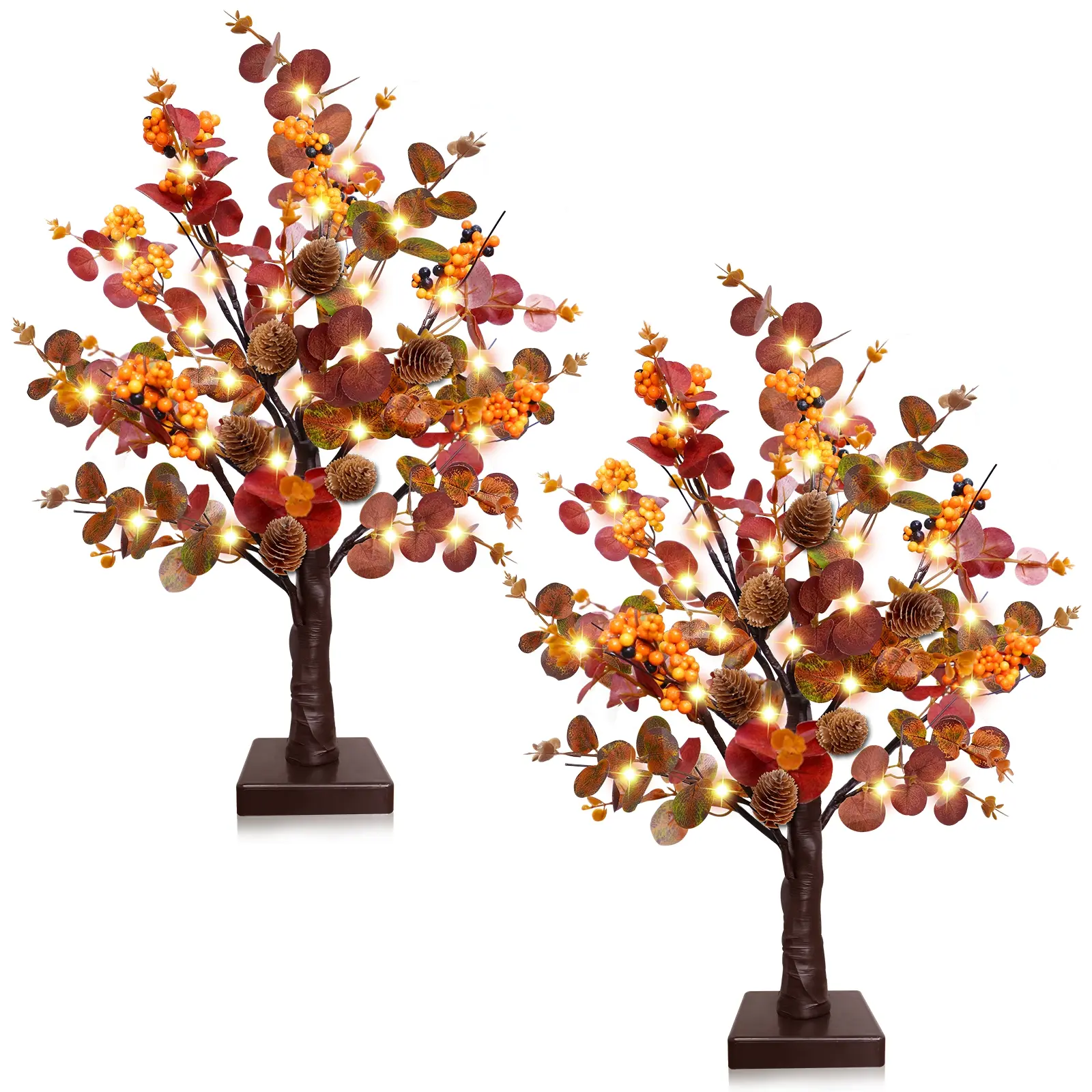[ Prelit & Timer ] TURNMEON 2 Pack Fall Decor Tabletop Fall Trees 48 LED Battery Operated Maple Tree 288 Eucalyptus Leafed 12 Acorns Berry Fall Decorations for Home Thanksgiving Table Decor 18 Inch
