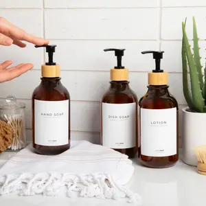 MaisoNovo Refillable Shampoo and Conditioner Bottles | 16.9 fl oz Set of 3 Amber Plastic Bottles Black Bamboo Pumps