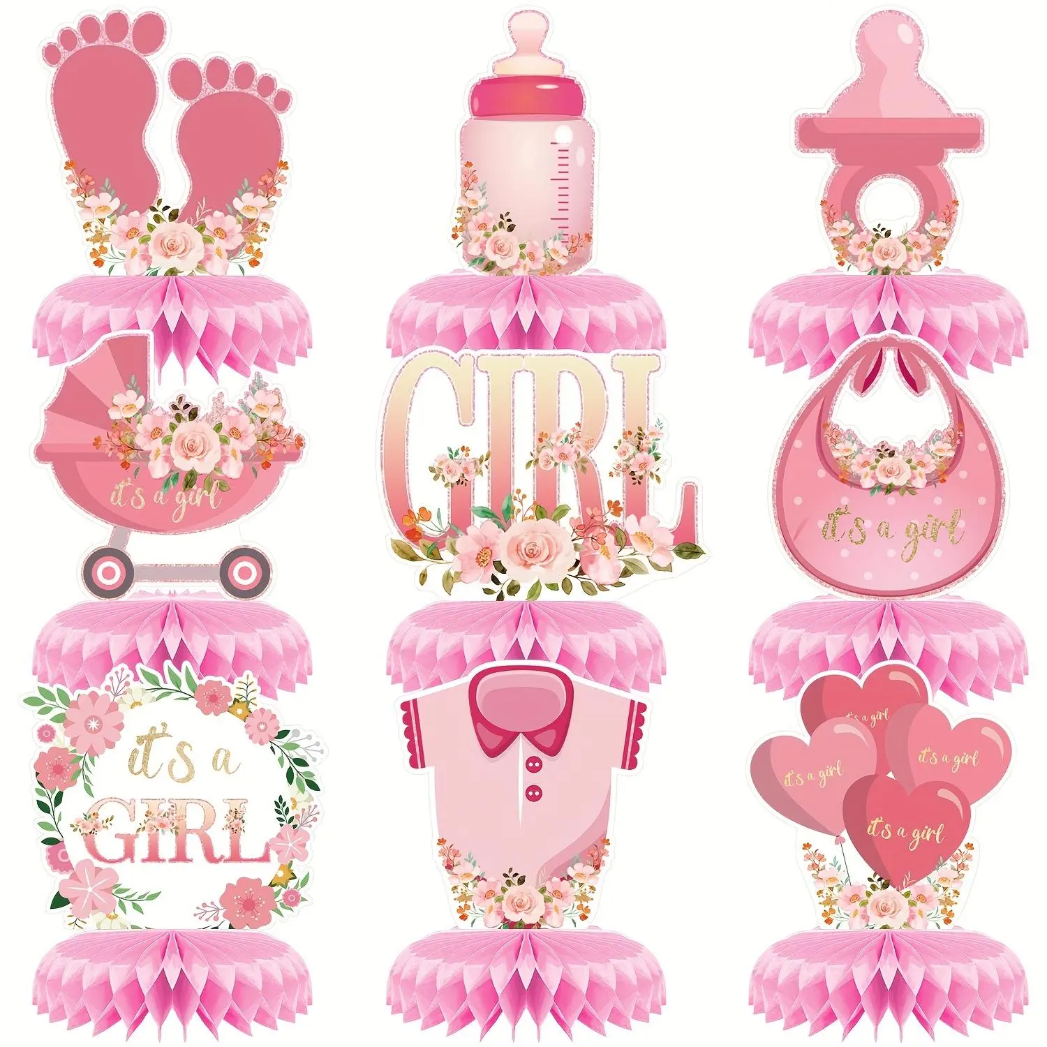 Baby Shower Honeycomb Centerpieces Table Decorations, 9 Counts/set Flower & Letter Pattern Baby Shower Decorations, Party Decorations for Girl, Ornaments, Party Decoration Supplies, Decorative Centerpiece