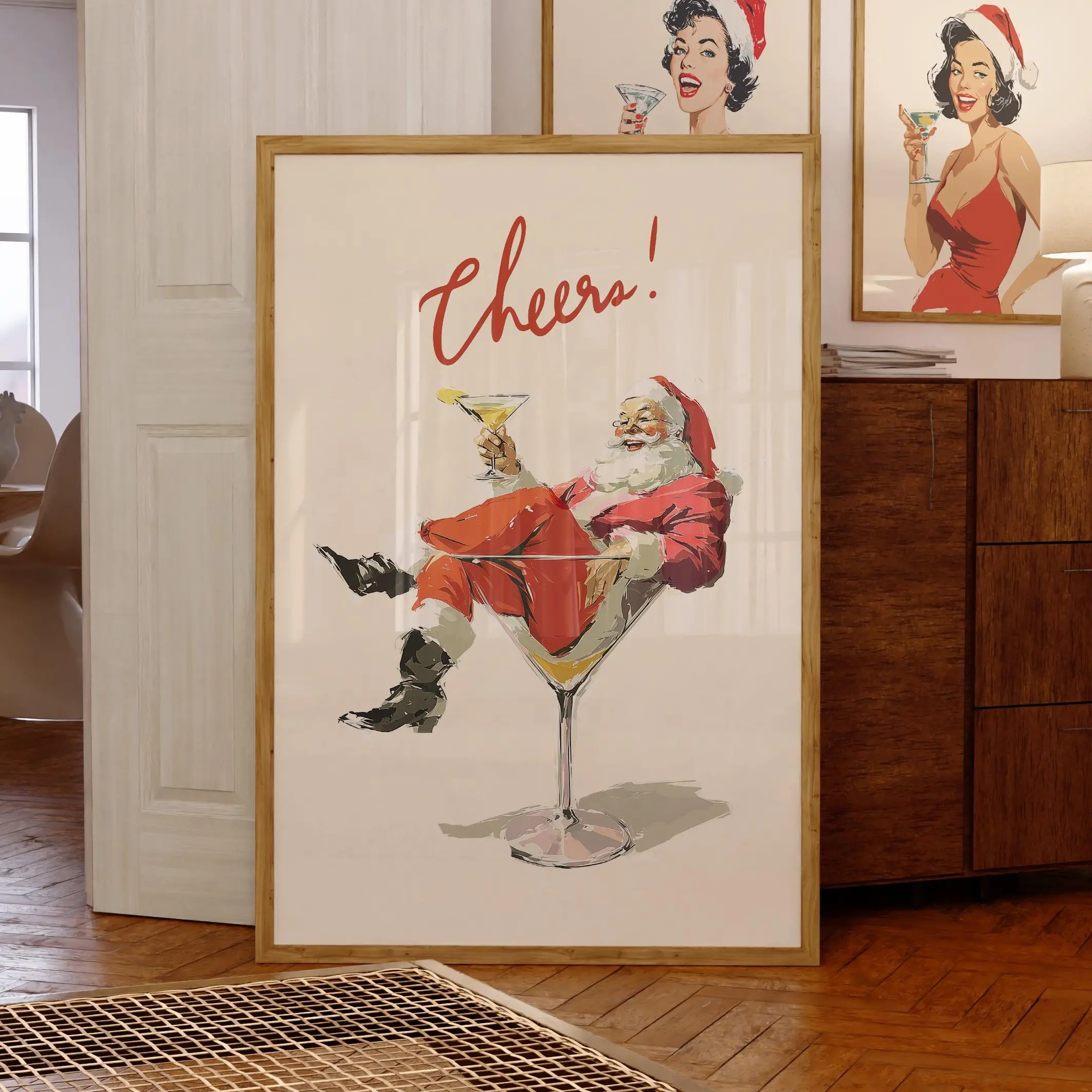 Cheers Santa Claus Poster, Funny Retro Christmas Wall Art, Vintage Holiday Cocktail Print, Santa Martini Bar Cart Decor