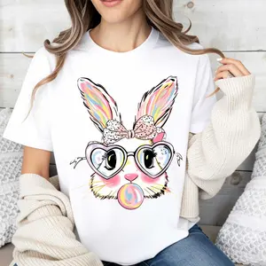 Cute Bunny Rabbit T-Shirt White Colorful Easter Bunny With Heart Glasses And Bubblegum Print For Spring And Holiday Wear,Casual Summer T-Shirt with Crew Neck,viral graphic tees