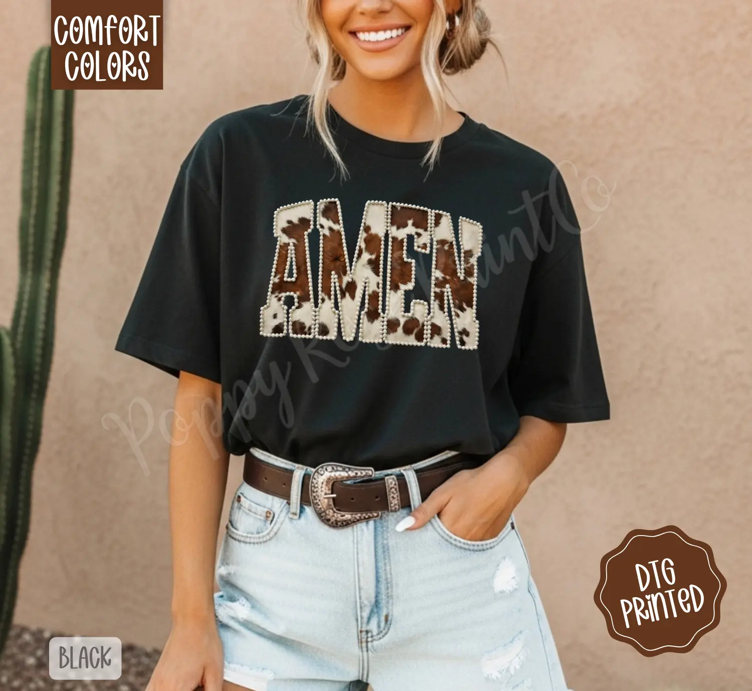 Faux Pearl Cowhide Amen Shirt Comfort Colors, Trendy Women's Tshirt