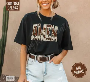 Faux Pearl Cowhide Amen Shirt Comfort Colors, Trendy Women's Tshirt