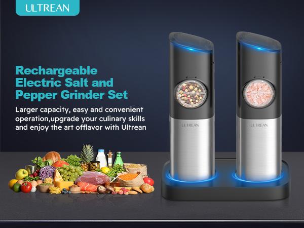 Ultrean Electric Salt & Pepper Grinder Sets, 2pcs Rechargeable, Adjustable, Modern Stainless Steel Construction, Seasoning Auto Dust Lids, LED one-hand operation Kitchen Utensils