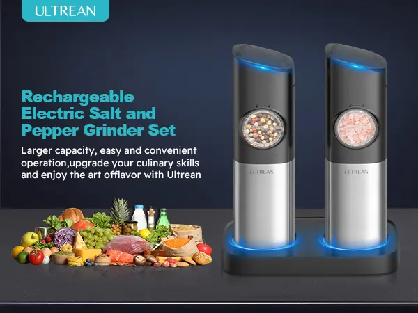 Ultrean 2-Piece Modern Rechargeable Electric Salt & Pepper Grinder Set, Stainless Steel Kitchen Seasoning Utensils with Auto Grind, Adjustable Coarseness & Flow, 2-Pieces Covers, LED 1-Hand Operation