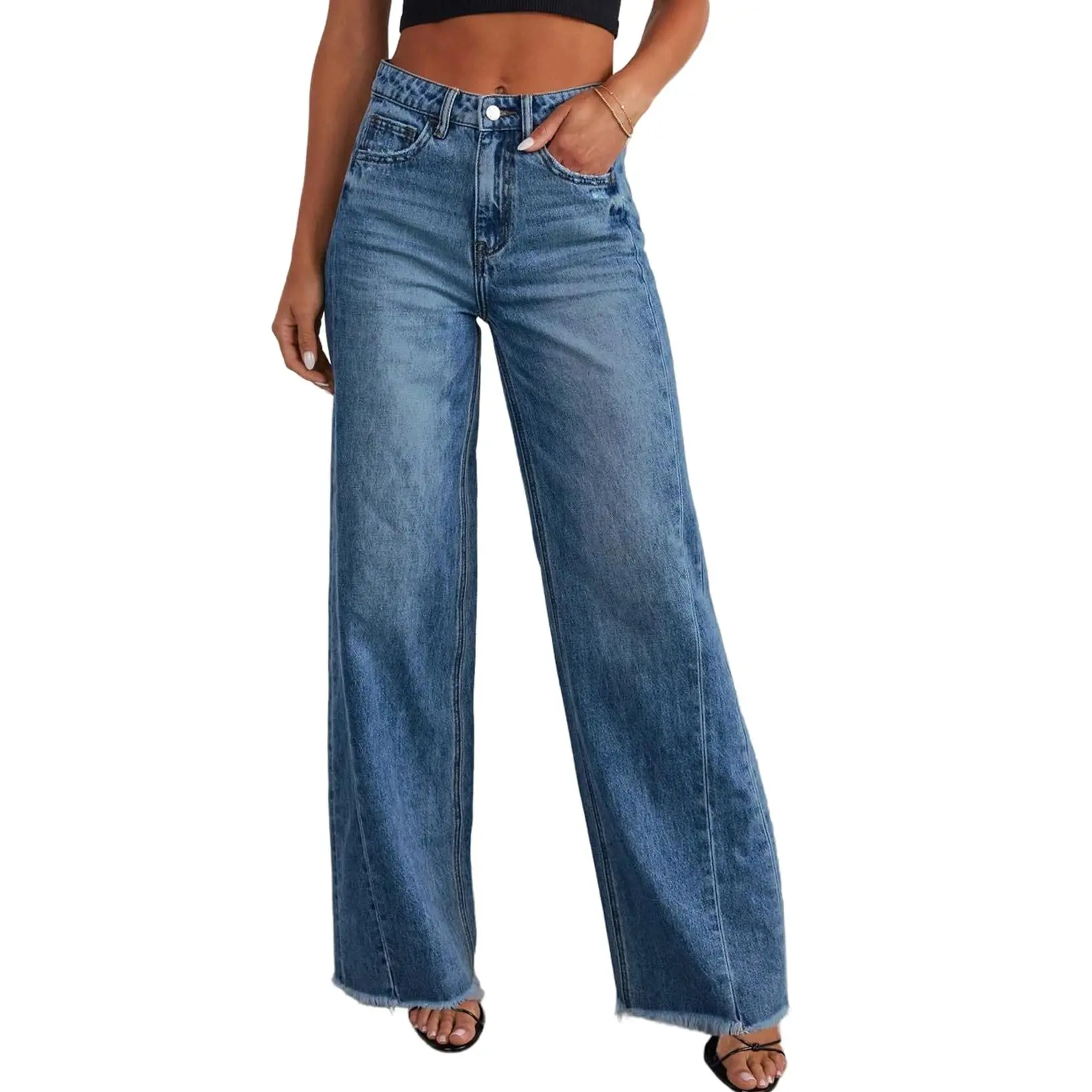 EVALESS Women's High Waist Stretchy Raw Hem Zimbaplatinum Denim Wide Leg Jeans - Streetwear Bottoms, Relaxed Fit Oversize Baggy Jeans, 2026 Trendy Spring Summer Outfits, Relaxed Fit Jeans