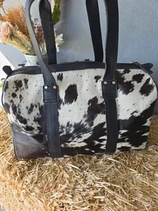 Black and White Cowhide Leather Duffle Bag