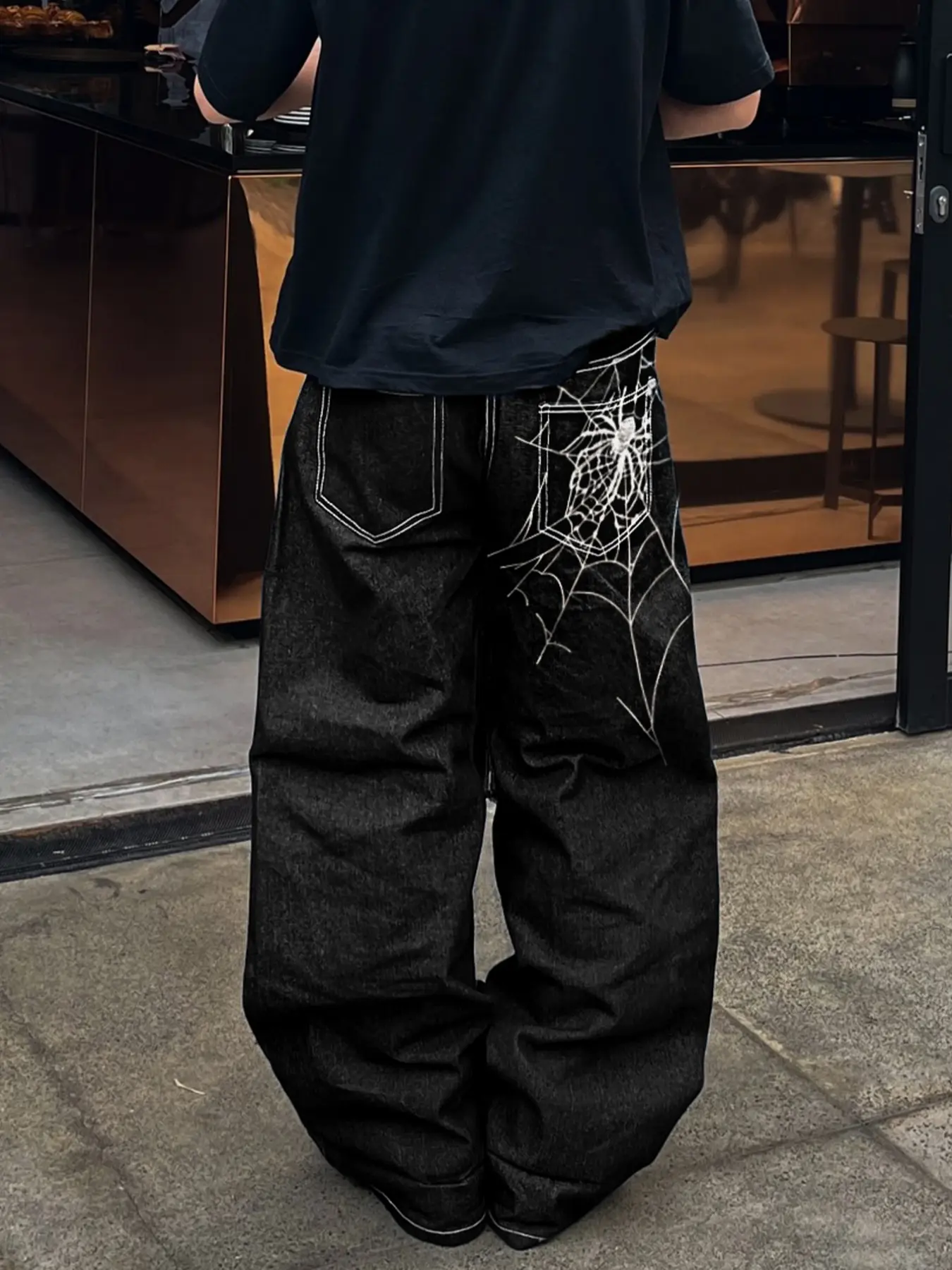 Spider Web Embroidered Jeans, Halloween Jeans, Vintage Washed Rock Style, Loose, Fake Pockets, Men's Fashion, Gift for Husband, Boyfriend