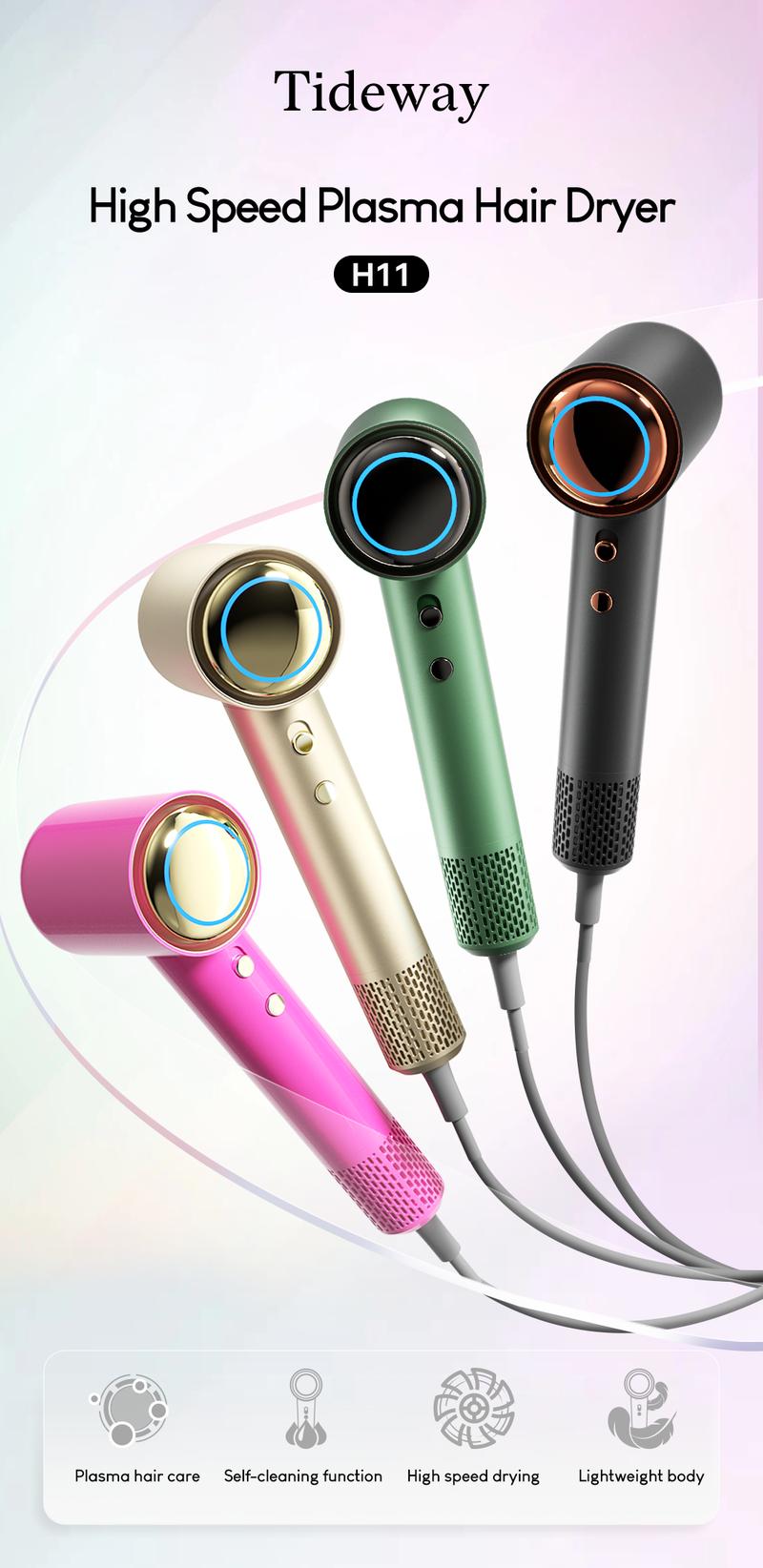 【Merry Christmas & Happy New Year】Tideway H11 High-Speed Hair Dryer, Intelligent Temperature Control w/ Hair & Scalp Care Plasma Ionic Technology & Self Cleaning Blower, No Static Electricity & Frizz, Perfect Present for Men Women Friend Family Gift