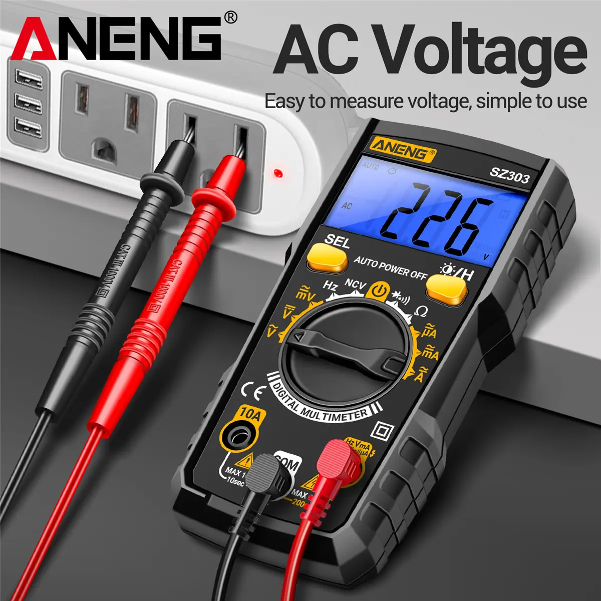ANENG SZ303 Digital Multimeter - Electrical Tester with NCV, Blue Backlit Display, Auto Power Off, Audible & Visual Alarms, Flashlight for Voltage, Current, Resistance, Capacitance, Hz, Temperature, Home Repairs, Automotive Work, Father's Day Gift