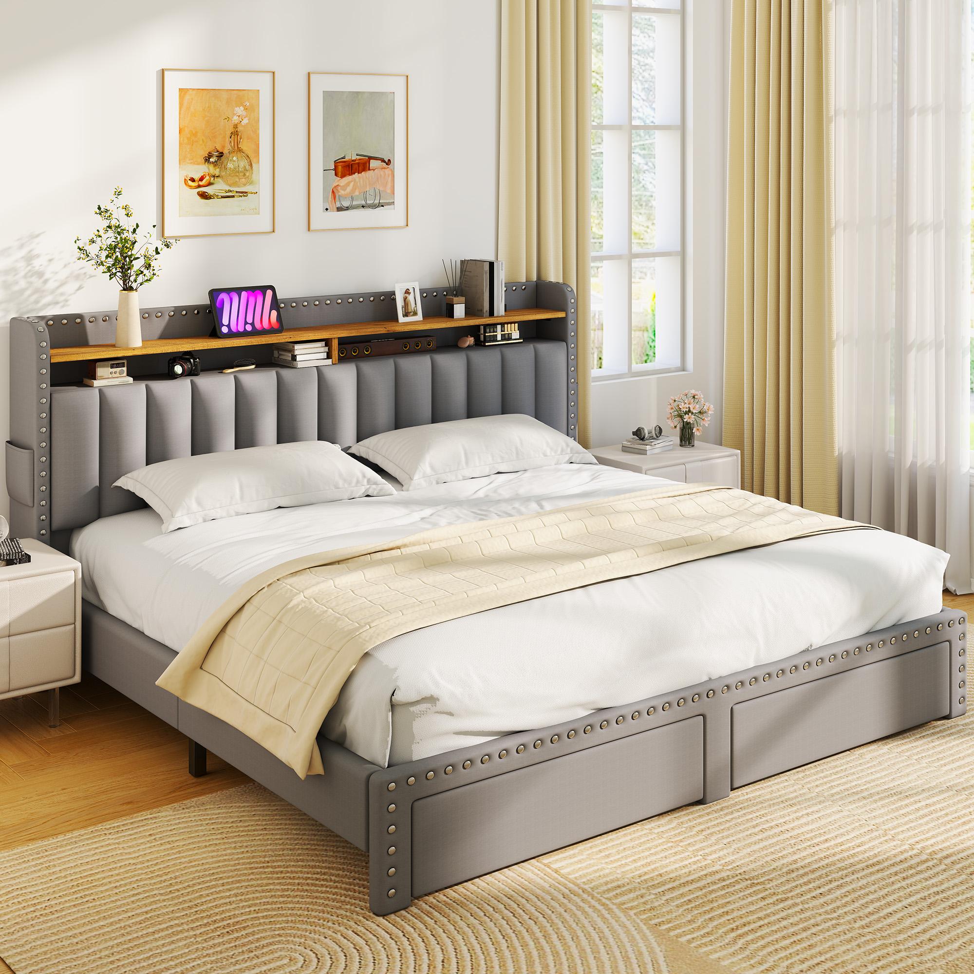 Raybee Luxury Bed Frame with 2 Storage Drawers & 2 Tiers of Shelves, No Mattress, Platform Upholstered Bed Frame for Full, Queen, King with Wood Slats, Holds 900LBS, Noise Free,No Box Spring Needed, Gray, Beige Raybee Luxury Bed Frame with 2 Storage Drawers & 2 Tiers of Shelves, No Mattress, Platform Upholstered Bed Frame for Full, Queen, King with Wood Slats, Holds 900LBS, Noise Free,No Box Spring Needed, Gray, Beige
