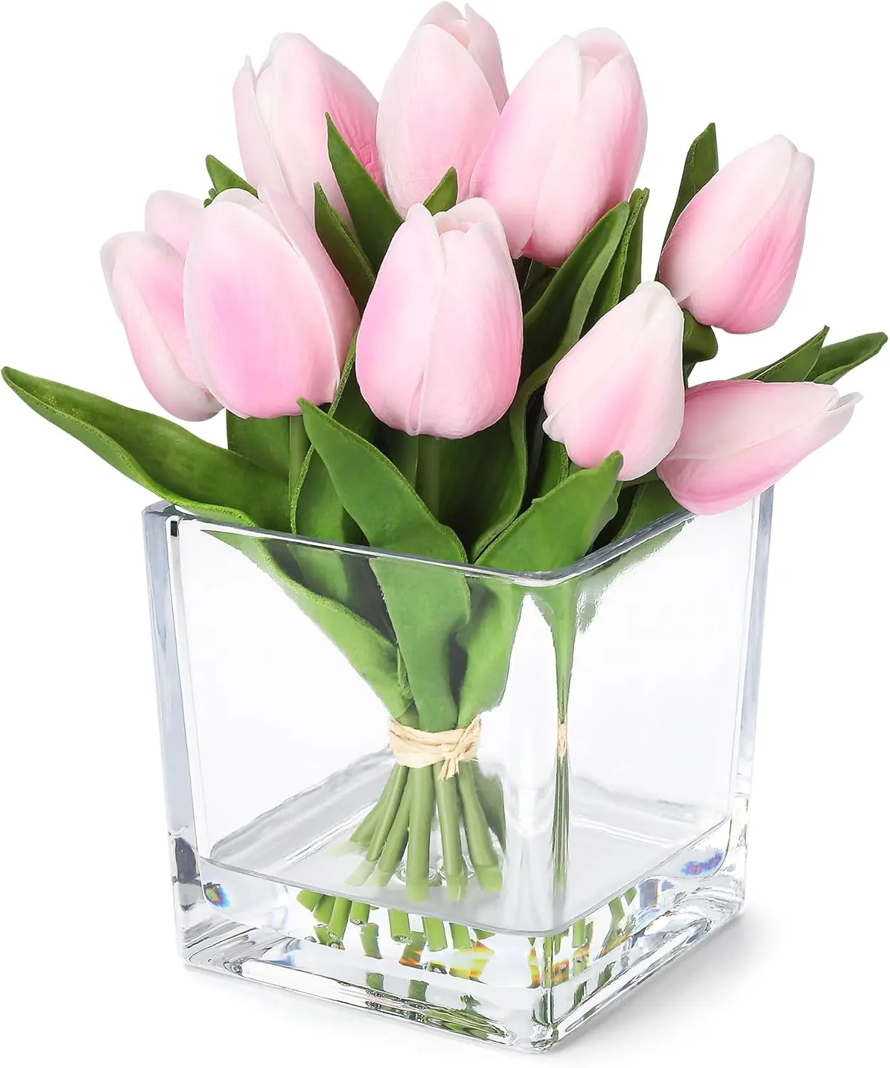 Gaomon 12-Head Handmade Real-Touch Fake Tulips Bouquet - PU Plastic Floral Arrangement with Vase, Decorative Home Wedding Window Ornaments Gift