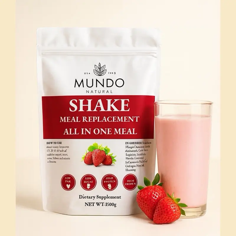 Mundo Natural High Protein Shake - Strawberry Flavor - 15g Protein, Low Sugar & Carb - Nutritious Meal Replacement - 500g Beverage