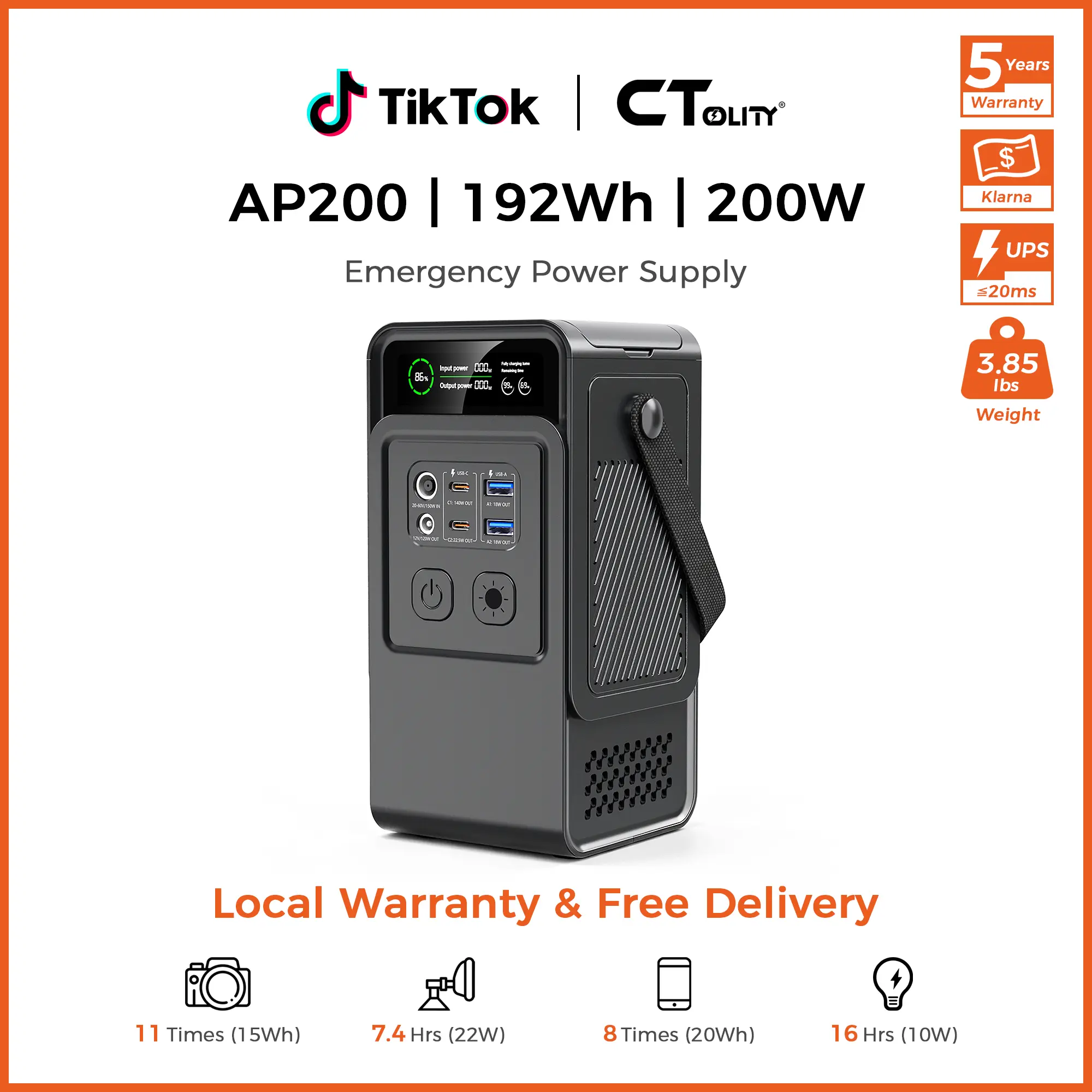 [TikTokShopBackToSchool]CTOLITY AP200 200W Portable Power Station, 192Wh LiFePO4 Battery, 140W USB-C Fast Charger, 150W Solar Charging, Portable Battery Pack for Camping, Travel, RV Power Outage Backup, back to school haul,[Power Outage Survival],SohoChic
