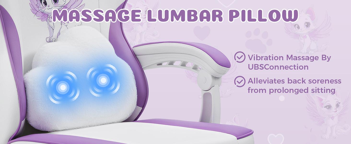 HOFFREE Gaming Chair for Girls with Cat Ears & Massage Support Cute Recliner with Footrest & Adjustable Comfort Purple & White