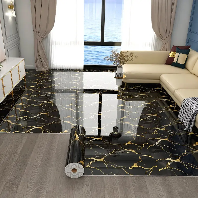 1 roll, 40cm*300cm Black Liquid Marble Vinyl Floor Sticker  Waterproof Black Gold Marble Wallpaper Peel and Stick Countertop Paper for Kitchen Bathroom Removable Marbles Wall Paper for Cabinets.