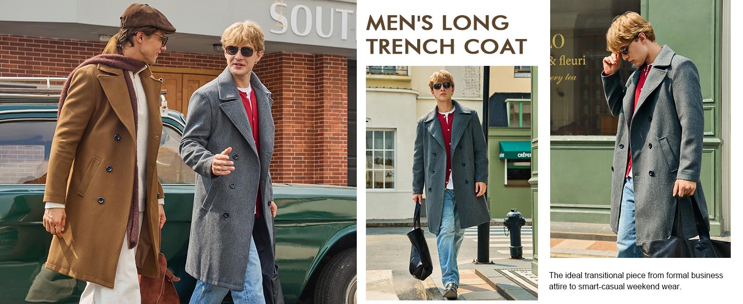 Runcati Men's Double Breasted Trench Coat Casual Lapel Collar Business Winter Long Overcoats