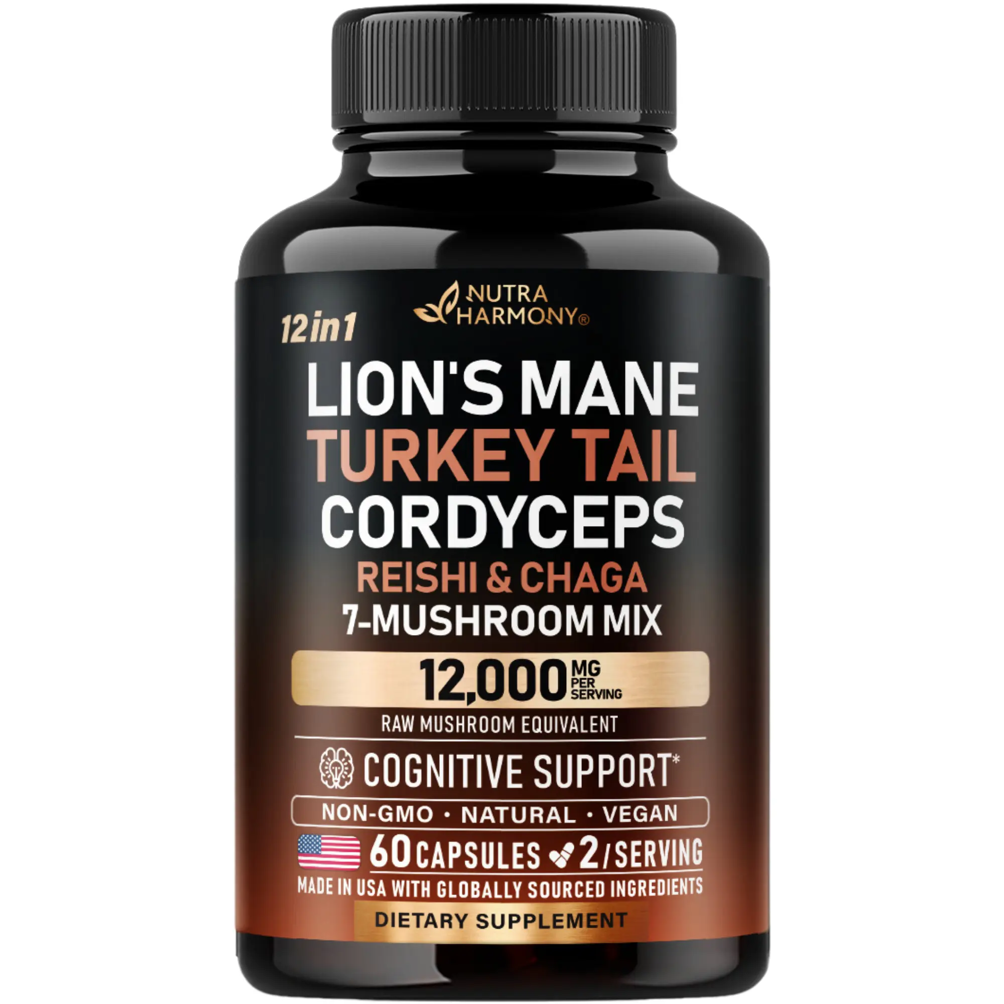 Mushroom Supplement Complex - Organic Lions Mane | Turkey Tail | Chaga | Cordyceps | Reishi | Maitake | Shiitake | Meshima | Tremella | Oyster | Agaricus - Made in USA - Non GMO, Gluten Free - 60 Capsules