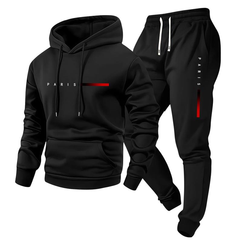 Men's Spring/Fall Paris Letter Print Hooded Sweater & Elastic Waist Drawstring Trousers Set Stylish Casual Two-Piece Gift for Husband or Boyfriend Men's Spring/Fall Paris Letter Print Hooded Sweater & Elastic Waist Drawstring Trousers Set Stylish Casual Two-Piece Gift for Husband or Boyfriend