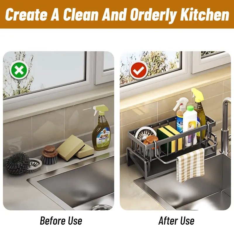 Kitchen Sink Corner Sponge Drain Rack Sink Caddy ultitunctional Durable Cleaning Tool Organizer Storage RackDish Soap Dishdoth Brushes Holder for Kitchen & Bathroom