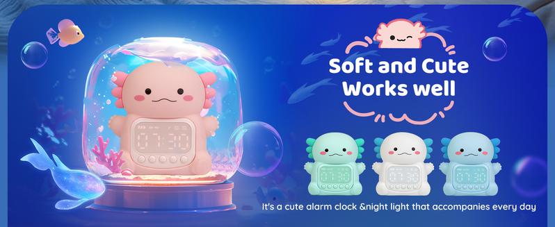 Axolotl Silicone Night Light Alarm Clock for Kids - 7 Color Dimmable Touch Lamp with 2 Alarms, 5 Ringtones & Snooze, Rechargeable Bedside Clock for Toddler Bedroom, Perfect Gift for Boys Girls