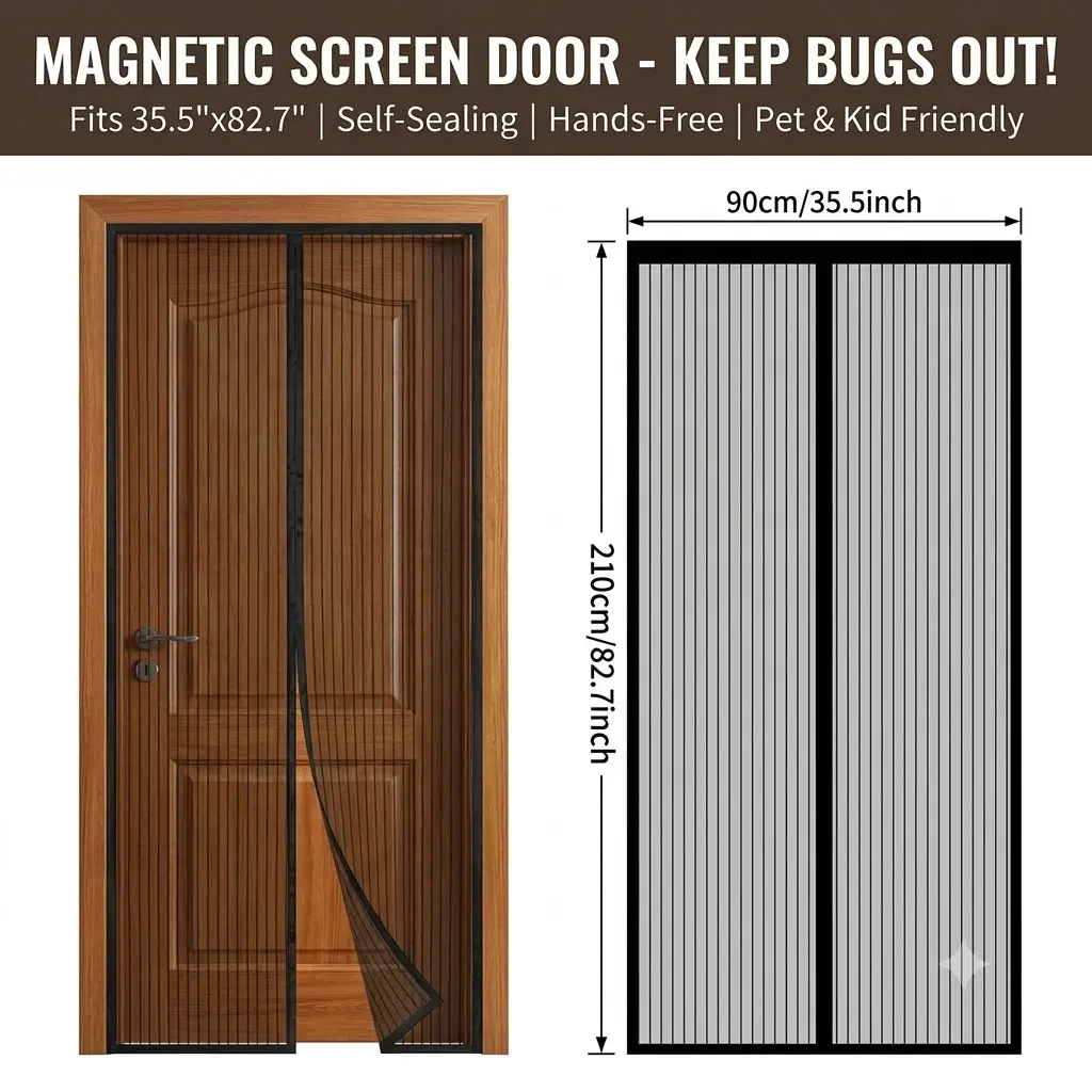 Magnetic Screen Door Mesh - Hands Free Closures Self-Sealing Retractable Net, Fly Screen Protector for Patio, Fits Doors Up to 38 x 83 Inch