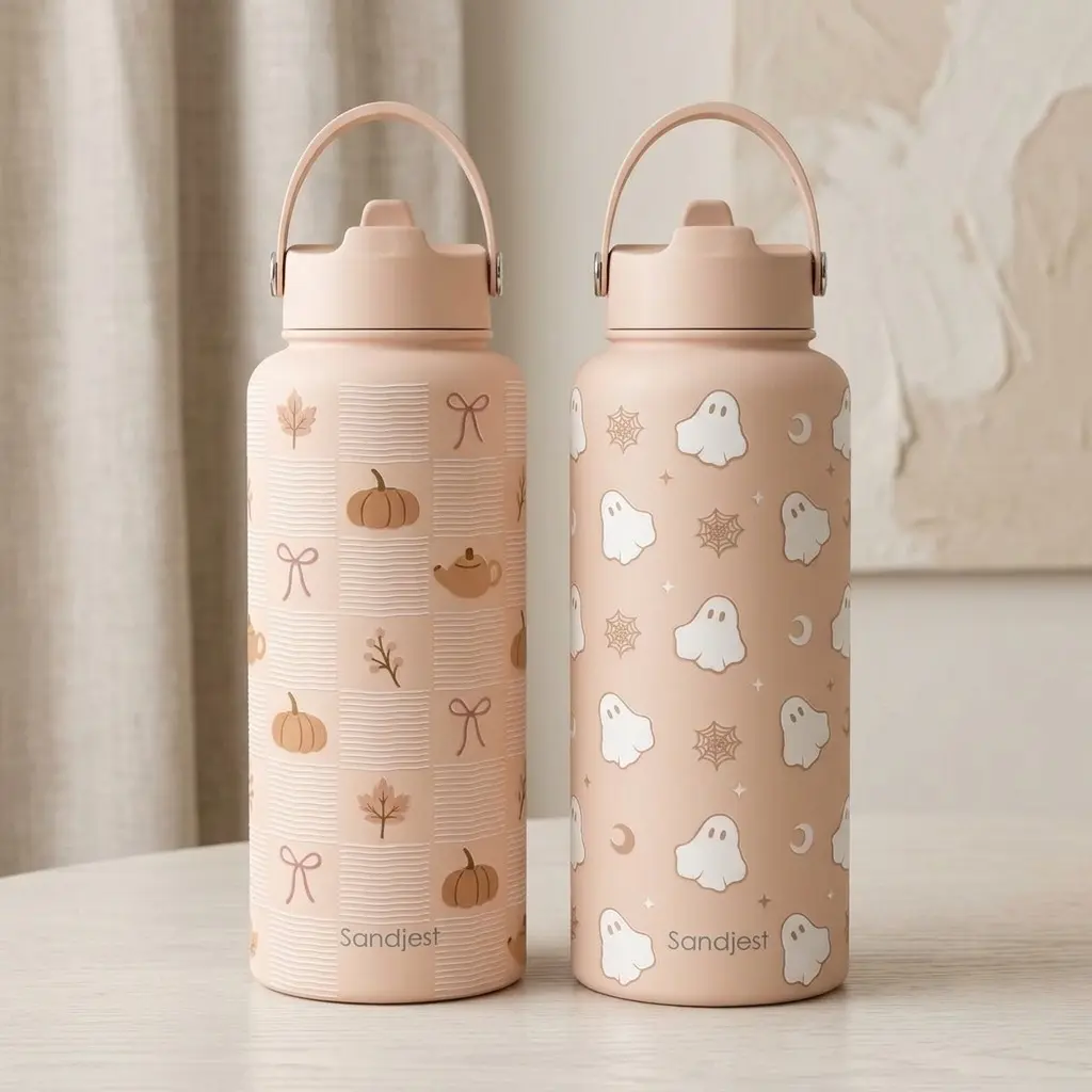 Sandjest Fall Halloween 32oz Sports Insulated Water Bottle with Flip Straw Lid & Handle, Grippy Bottom, Keeps Drinks Cold for 12 Hours, Ideal for Travel School Outdoor Gym, Gifts for Her Women Holidays Christmas