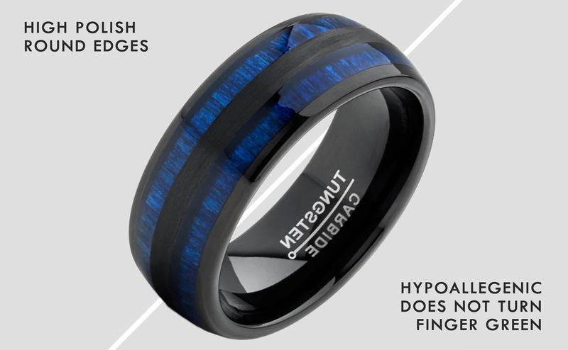 Men's Tungsten Carbide Ring Dome Real Blue Wood Inlay Wedding Band 8MM