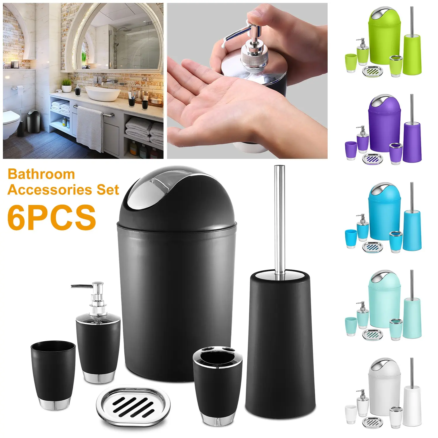6-Piece Colorful Plastic Classic Bathroom Accessories Set - Chrome Accents, Non-Slip Base, Includes Soap Dispenser, Toothbrush Holder, Tumbler, Soap Dish, Toilet Brush, Trash Can, Gift Boxed for Bathroom Use, Chrome Accents Bathroom Accessory Sets