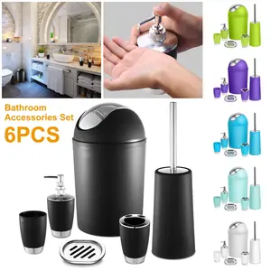 6-Piece/Set Bathroom Accessories Set - Complete Soap Dispenser, Toothbrush Holder, Tumbler, Soap Dish, Toilet Brush & Trash Can for Bathroom Living Room Hospital