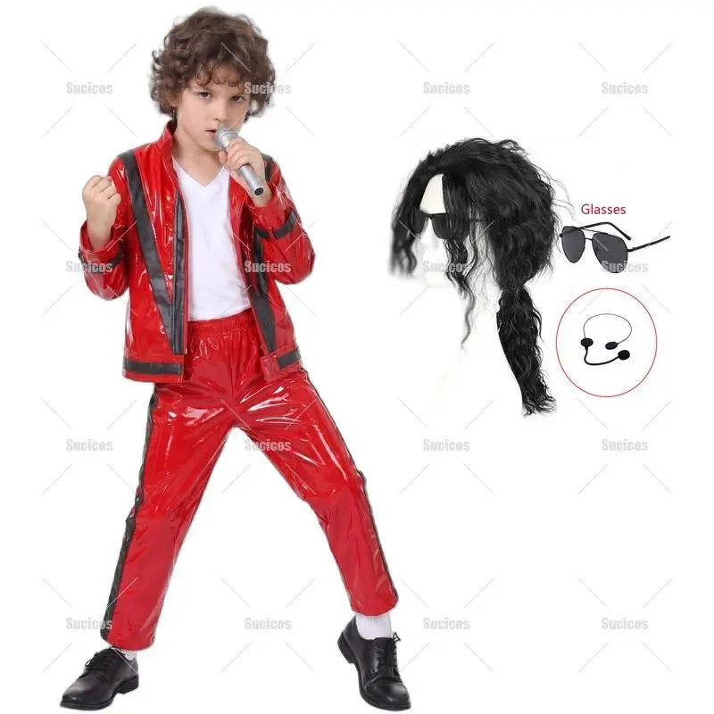 Michael Jackson Thriller Red-Black Leather 2-Piece Costume Set, Boys' Stage Wear, Halloween Fancy Dress Outfit with Jacket & Pants