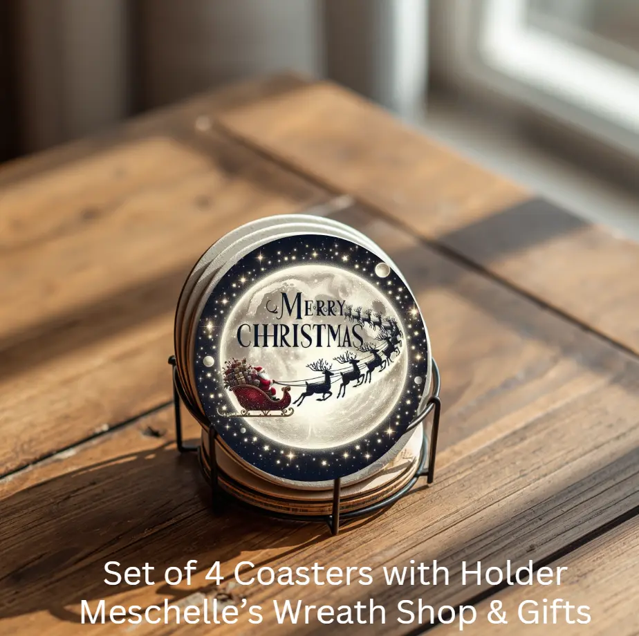 Christmas Ceramic Coasters Set of 4 - Round/Circle Tableware with Metal Holder, Ideal for Coffee Drinks
