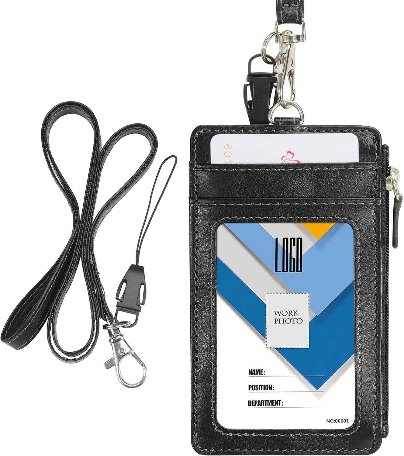 Badge Holder with Zipper,  School Supply 2-Sided PU Leather College ID Badge Holder with 1 ID Window, 4 Card Holder Slots, 1 Side Pocket and 20 Inch Leather Neck Strap Lanyard -Vertical Black