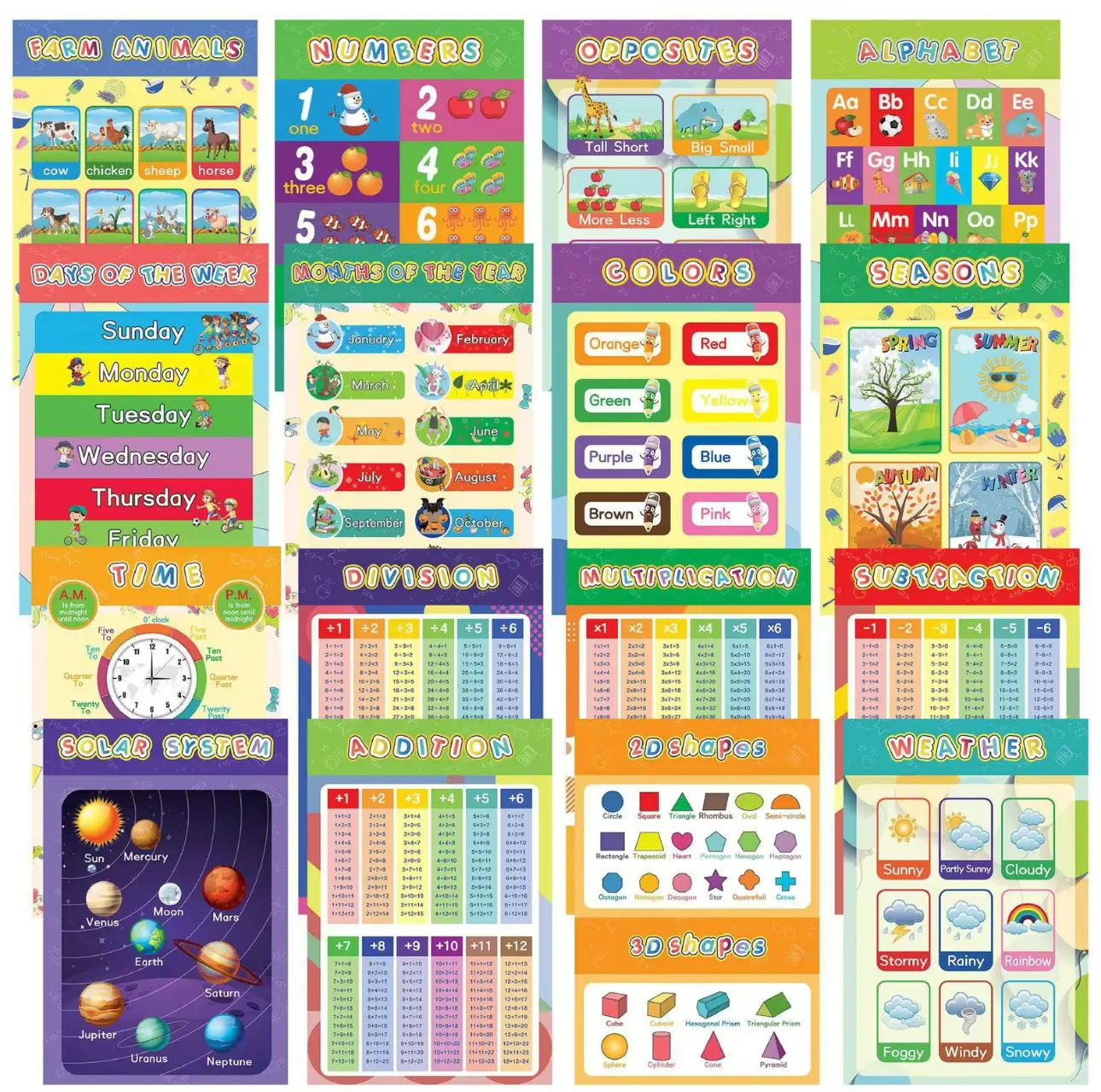 16 Pcs Bright Laminated Educational Posters for Kids - Kindergarten, Preschool Learning Charts, Alphabet, ABC, Math, Weather, Solar System, Farm Animals, Days of the Week, Seasons, Wall Decor, Classroom Supplies, Homeschool Tool