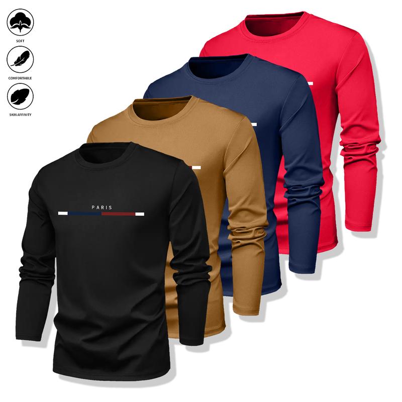 Pack of 4 - Men's Long Sleeve T-Shirt - Casual Crew Neck Breathable Tee, Suitable for Spring and Autumn Wear, Featuring Letter Pattern Design, Well-Fitting Cut, Ideal for Everyday Wear, Men's Long Sleeve Top