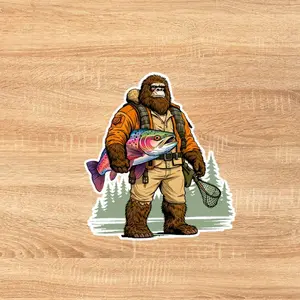 Bigfoot Fishing Sticker, Sasquatch Holding Rainbow Trout Decal, Funny Fisherman Cryptid Vinyl Sticker for Laptop Car Tackle Box